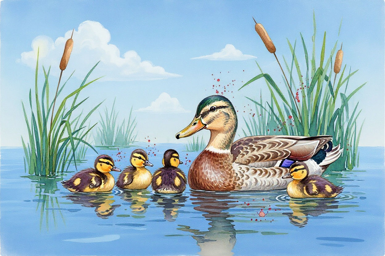 Mallard Duck Family in Marsh, Watercolor Painting
