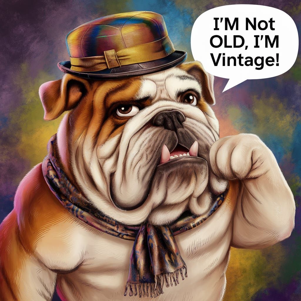 Humorous Bulldog in Retro Hat Says I'm Vintage