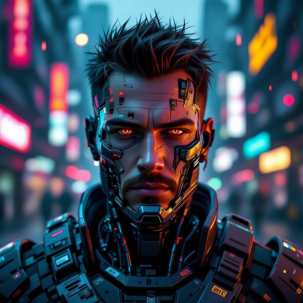 Glitched Cyborg Warrior in Cyberpunk Style