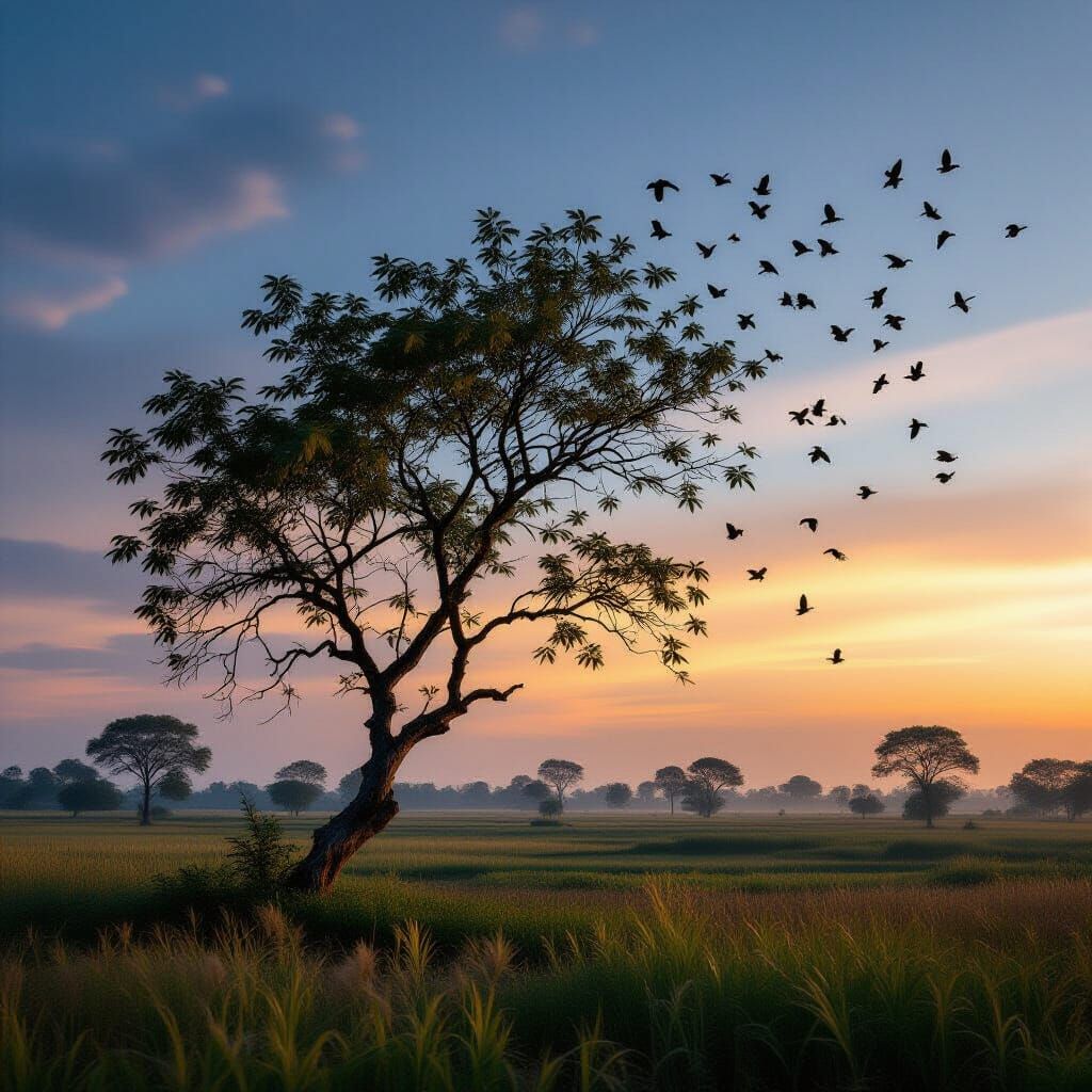 South Indian Countryside at Dusk: Solitary Tree in Wind