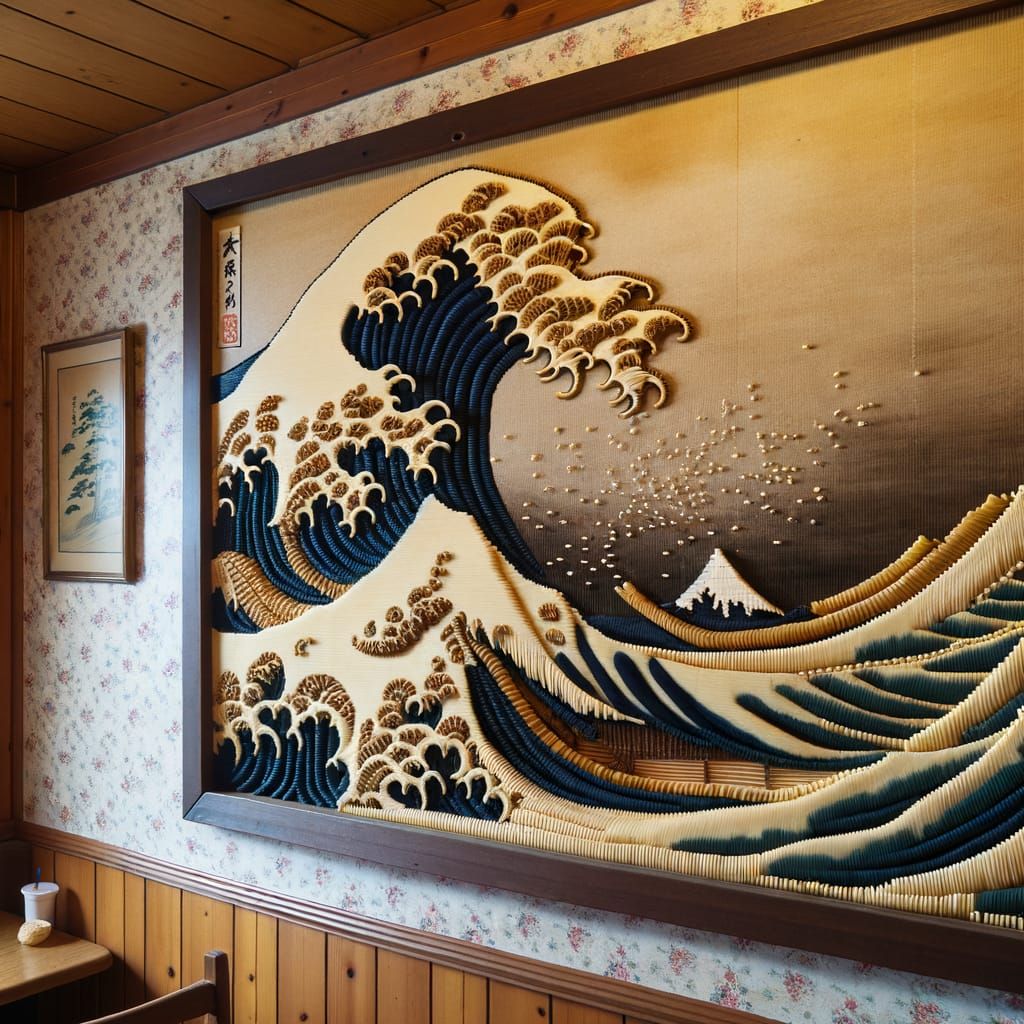The Great Wave off Kanagawa painting, But it's Macaroni Art!