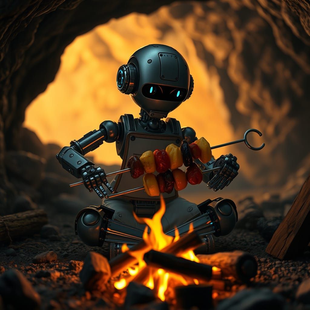 Robot Chef Grilling Skewers in a Cave