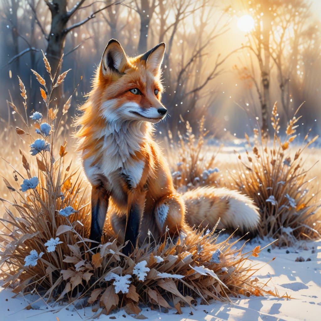 Playful Fox at Dawn in Snowy Meadow, Watercolour Style
