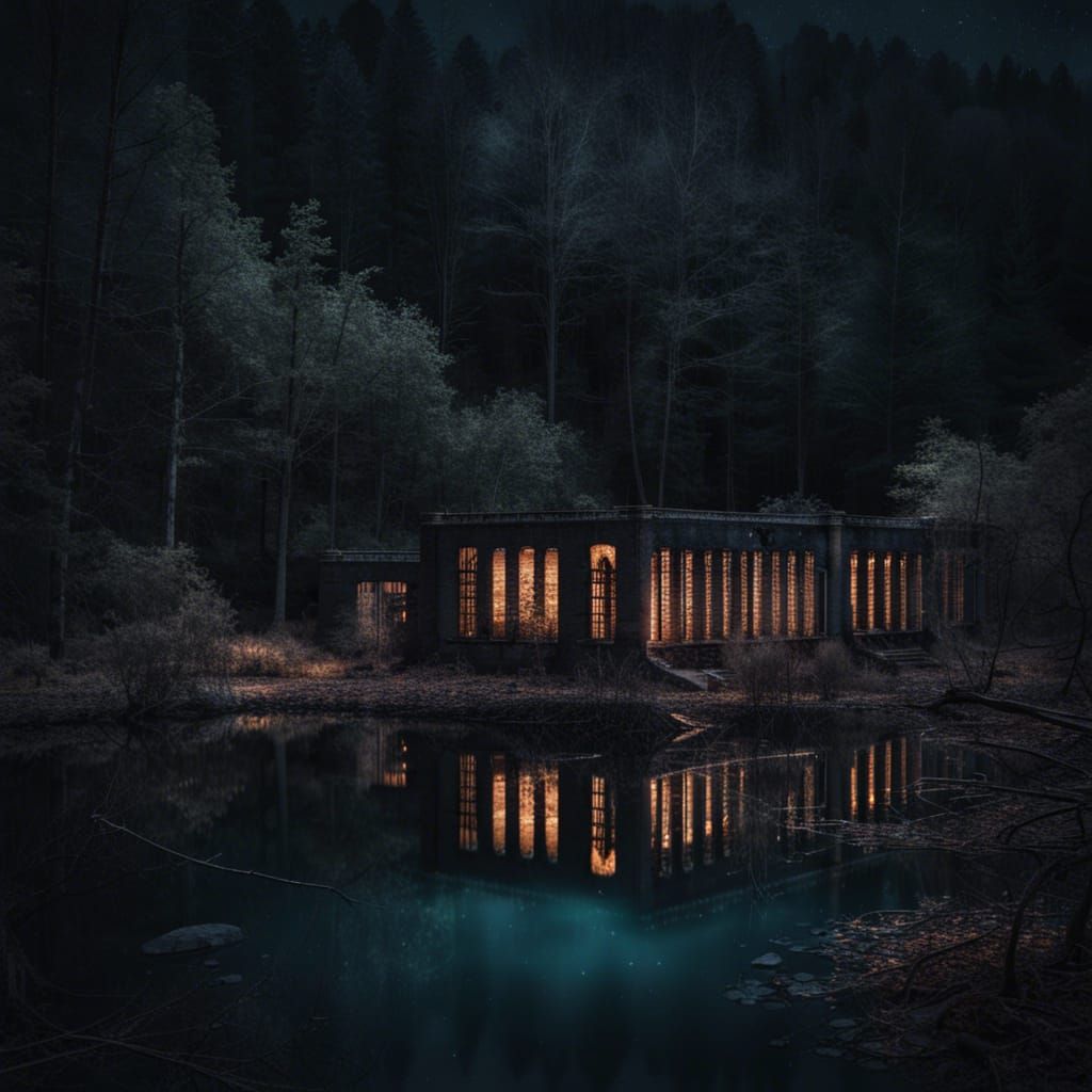 Spooky Abandoned Prison in Woods at Night