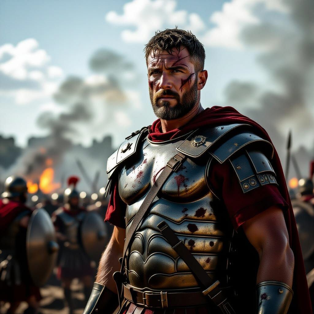 Roman Legionary in Battlefield Chaos: Cinematic Realism