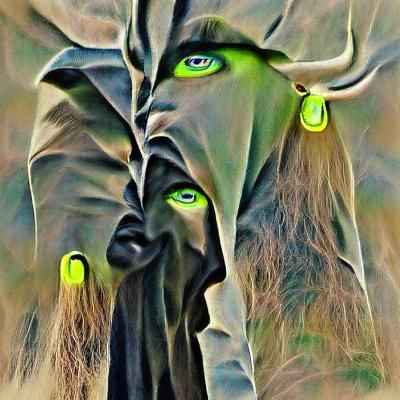 Mysterious Cloaked Figure with Horns and Glowing Eyes