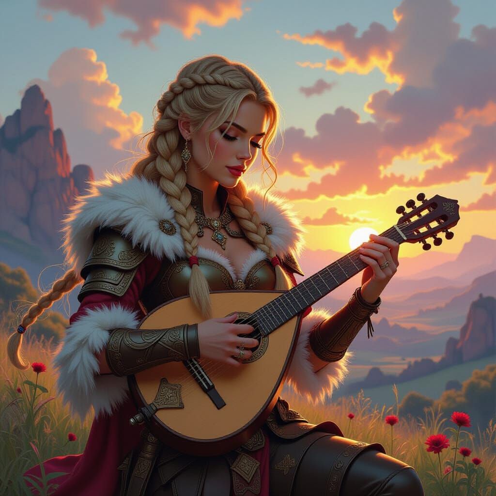 Freya Storm-Child Lute Player in Fantasy Landscape
