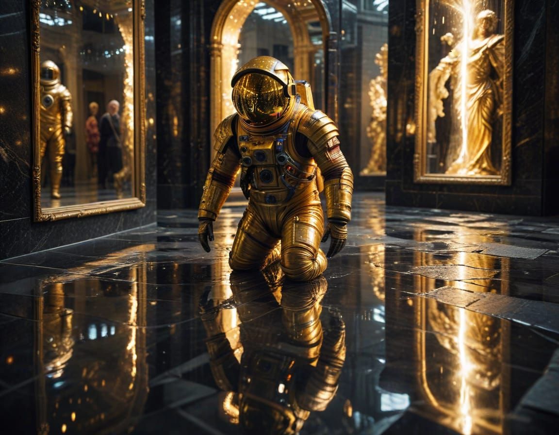 Astronaut Reflection in Baroque Mirror on Wet Marble Floor