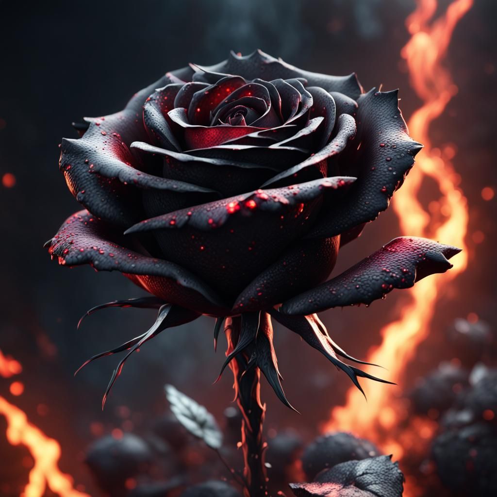 Black Razor Rose in Embers: Detailed Fantasy Art