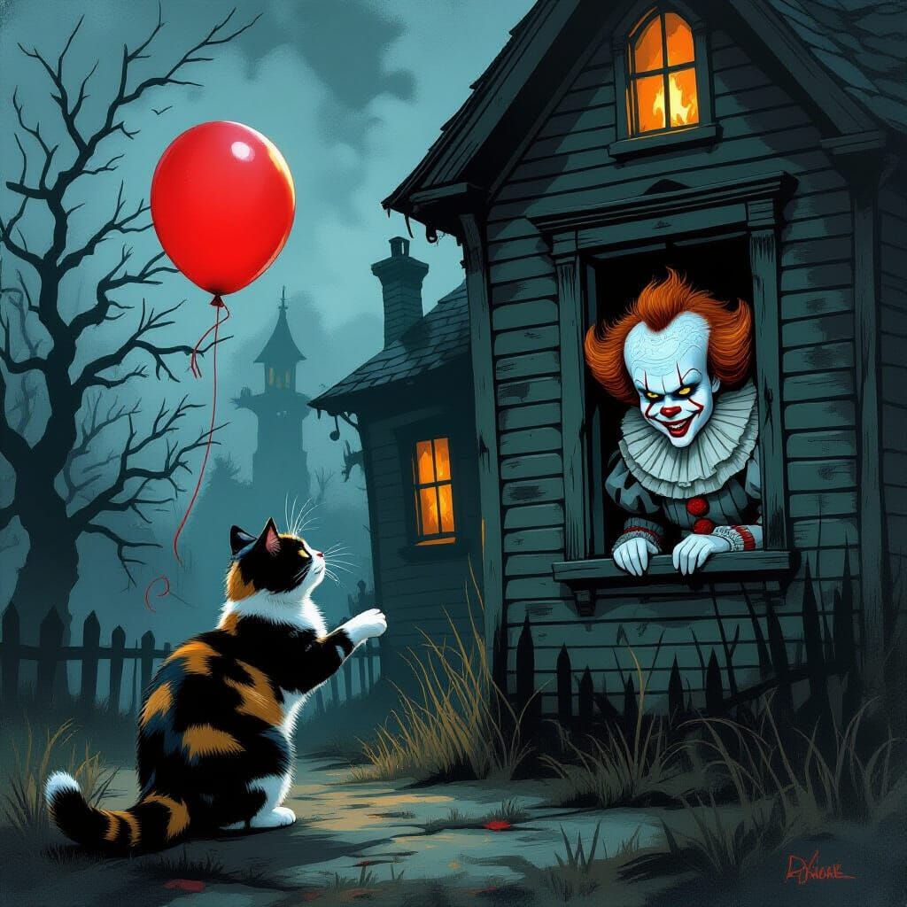 Tortoiseshell Cat Plays with Balloon at Haunted House