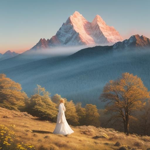 Majestic Blonde Lady in Mountain Landscape: Digital Art