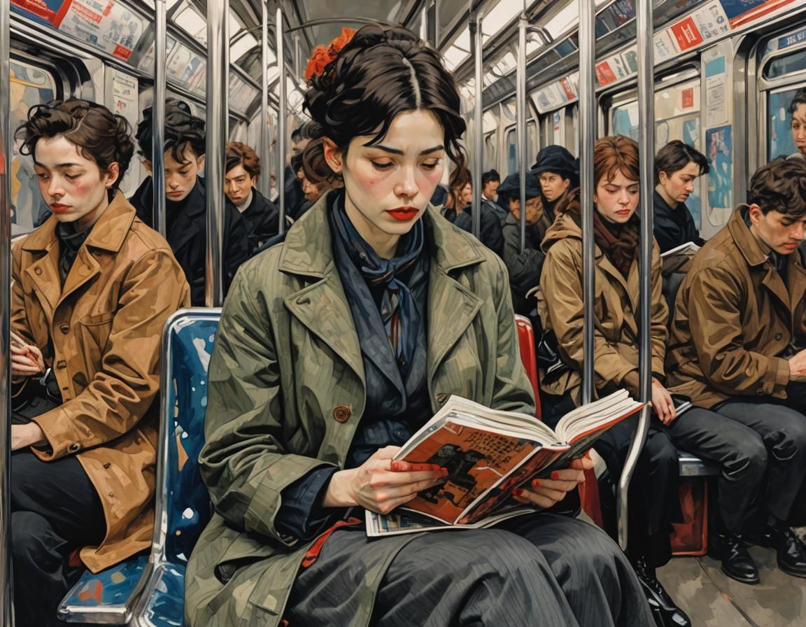 Subway Reader in Folk Art Style