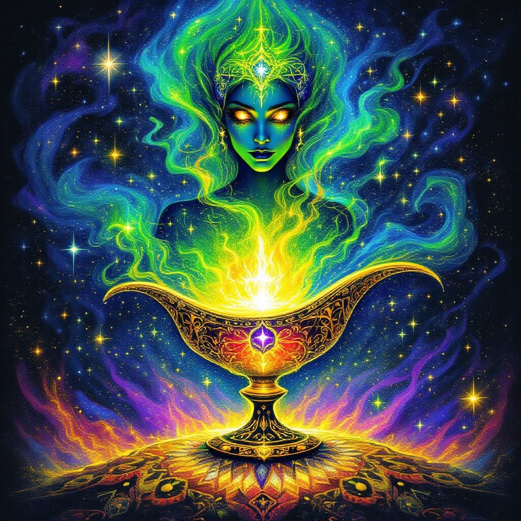 Ethereal Green Genie Emerges from Cosmic Lamp