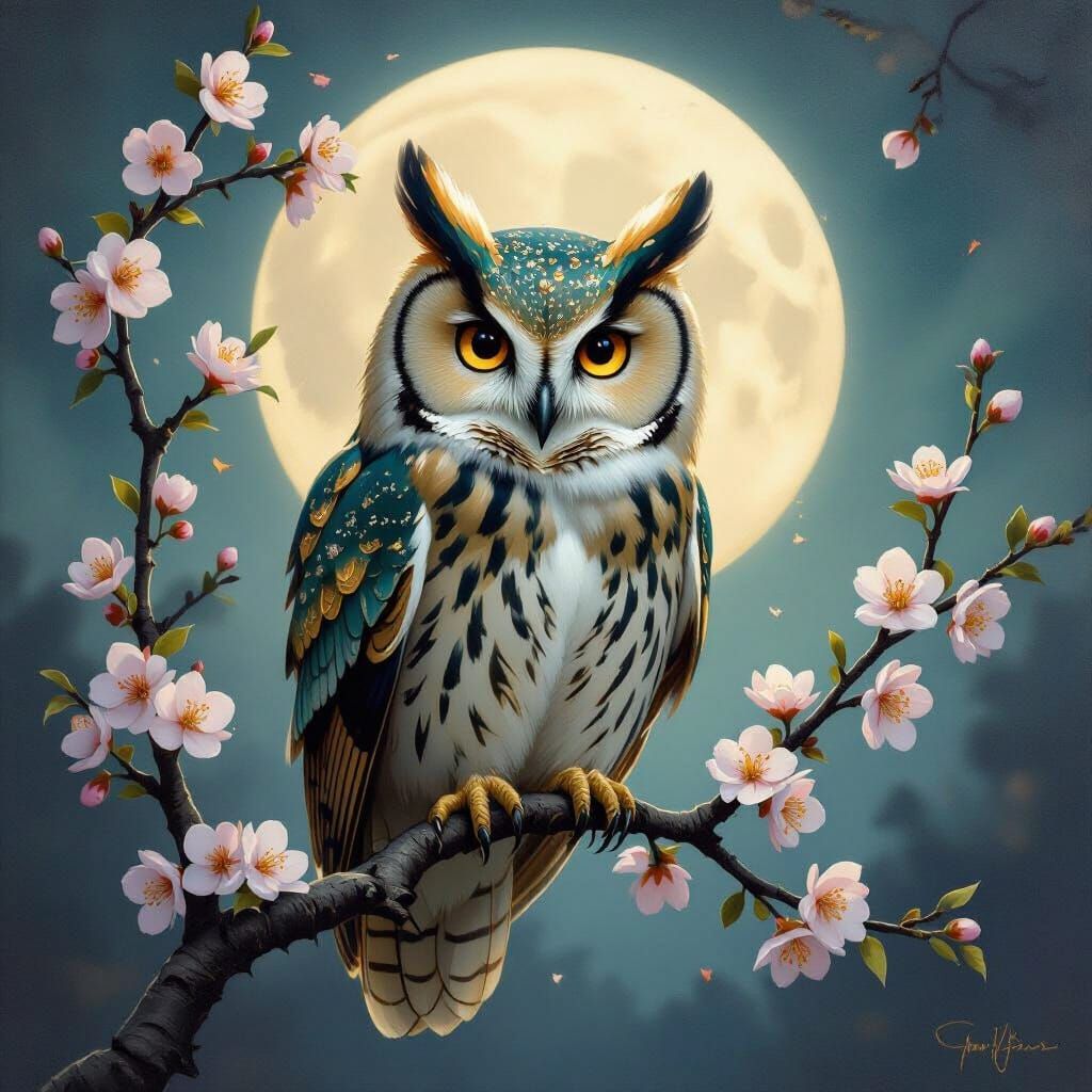 Jade and Gold Owl in Moonlit Cherry Garden as Oil Painting