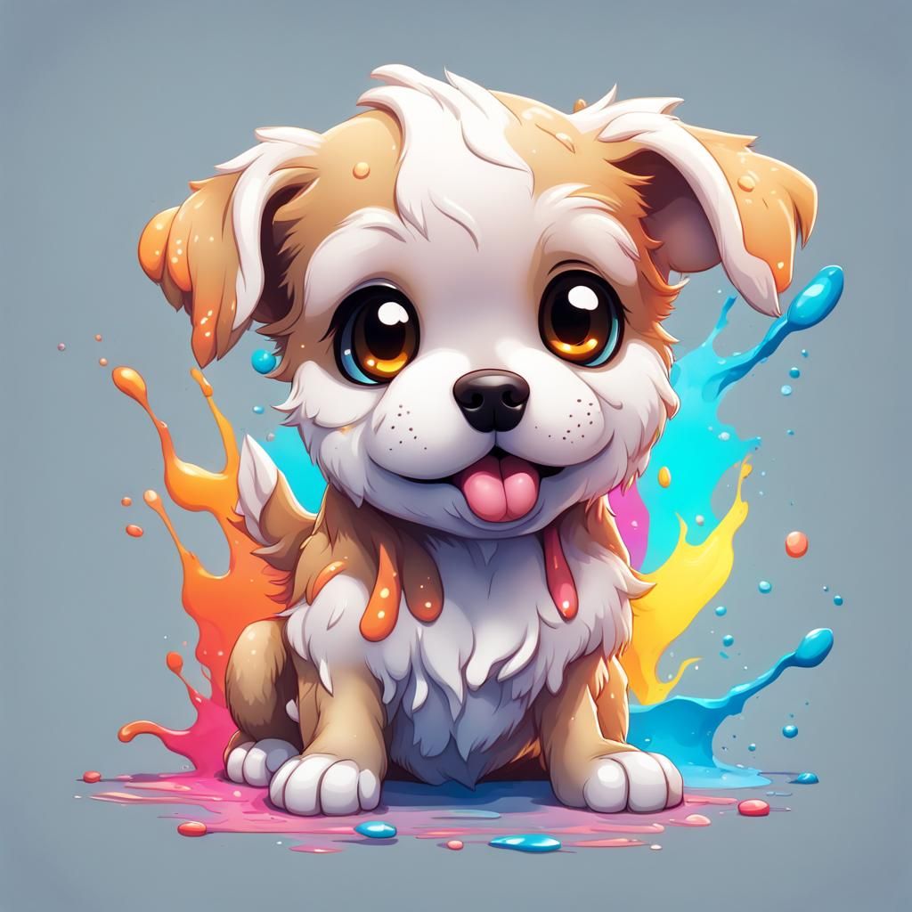 Hyperrealistic Kawaii Chibi Dog in Colorful Splash Art