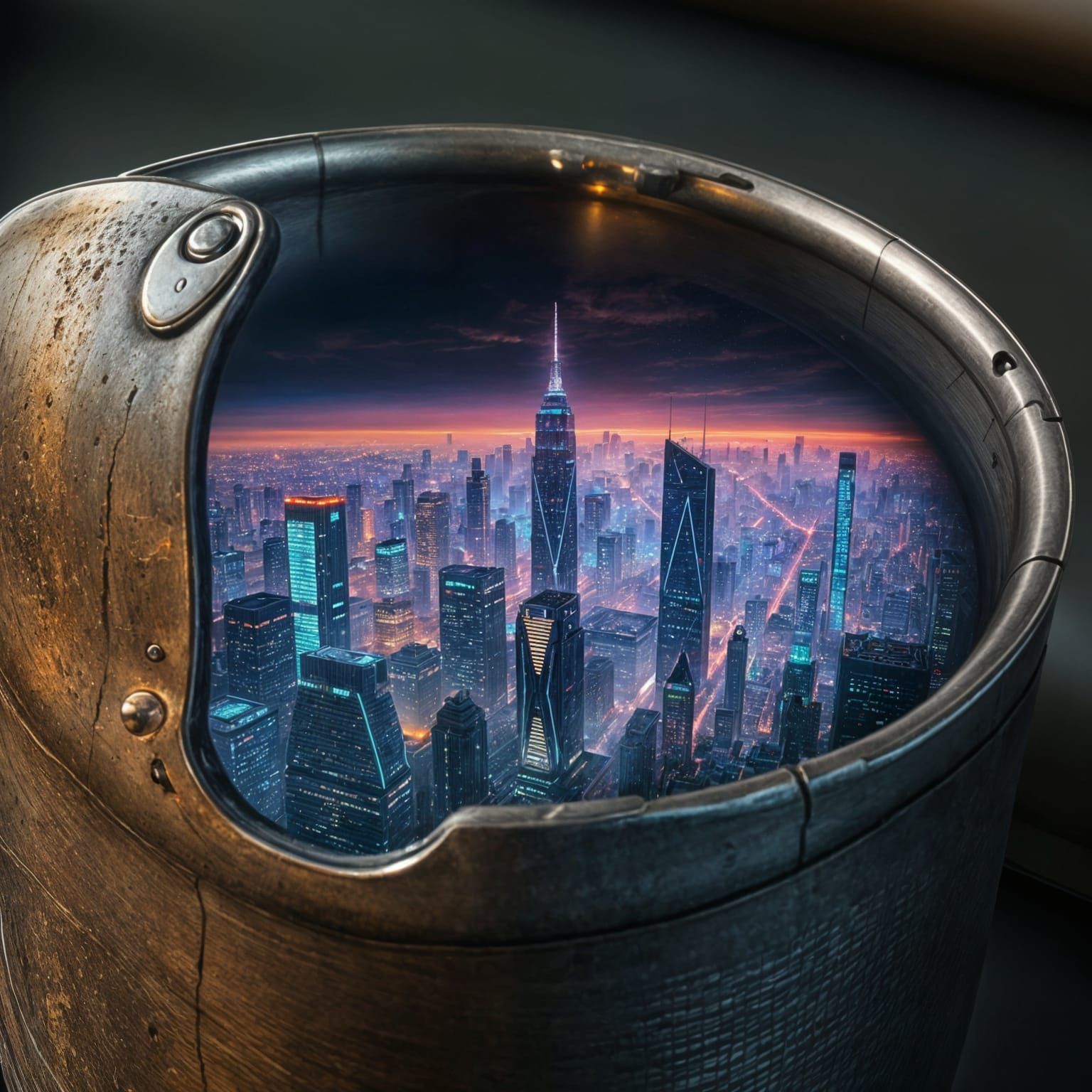 Gritty Futuristic Cityscape Reflected in a Worn Metal Cup