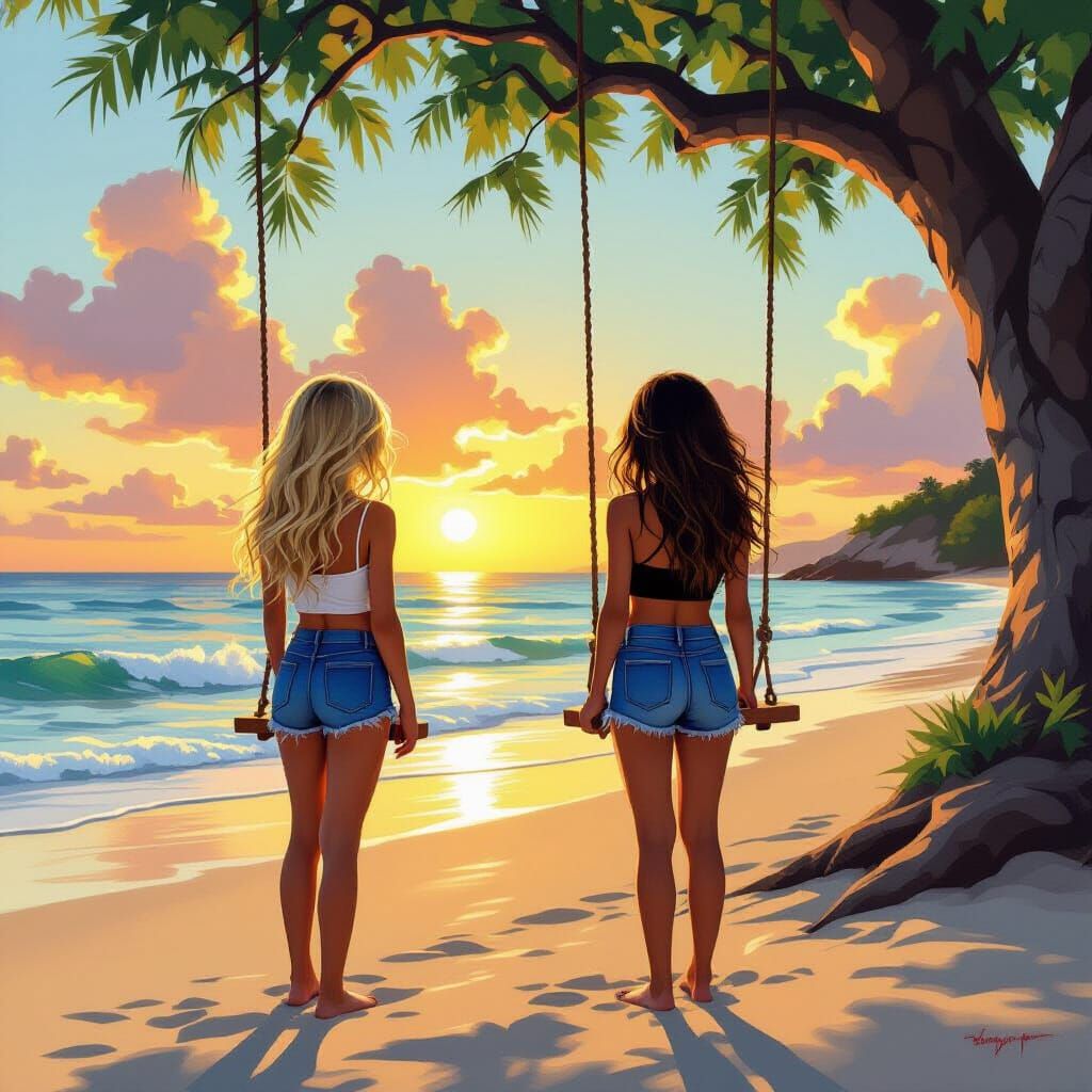 Golden Hour Beach Scene with Two Friends