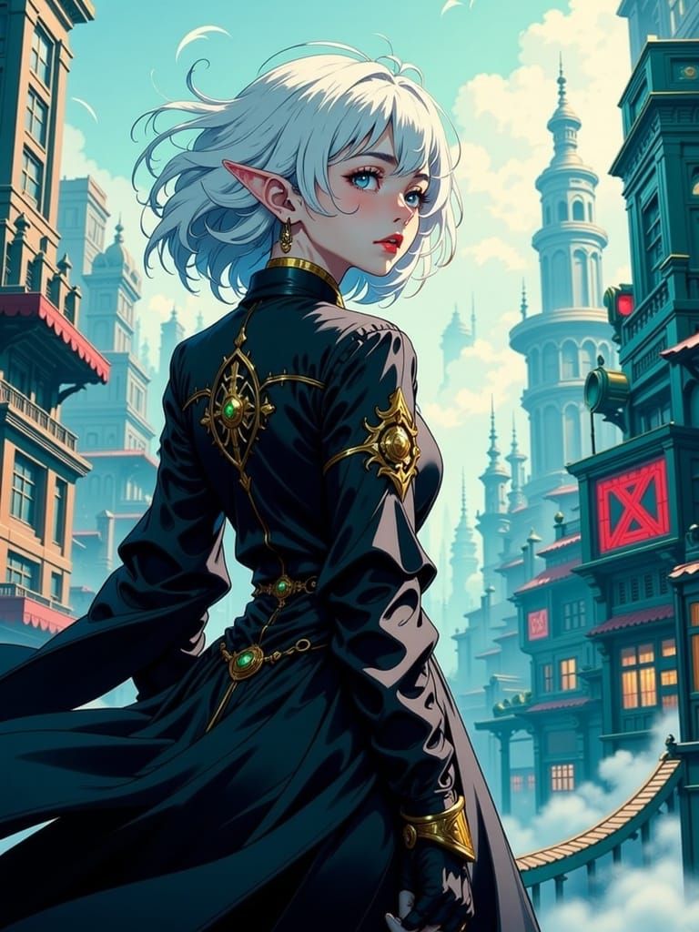 Steampunk City Woman with White Hair in Anime Style