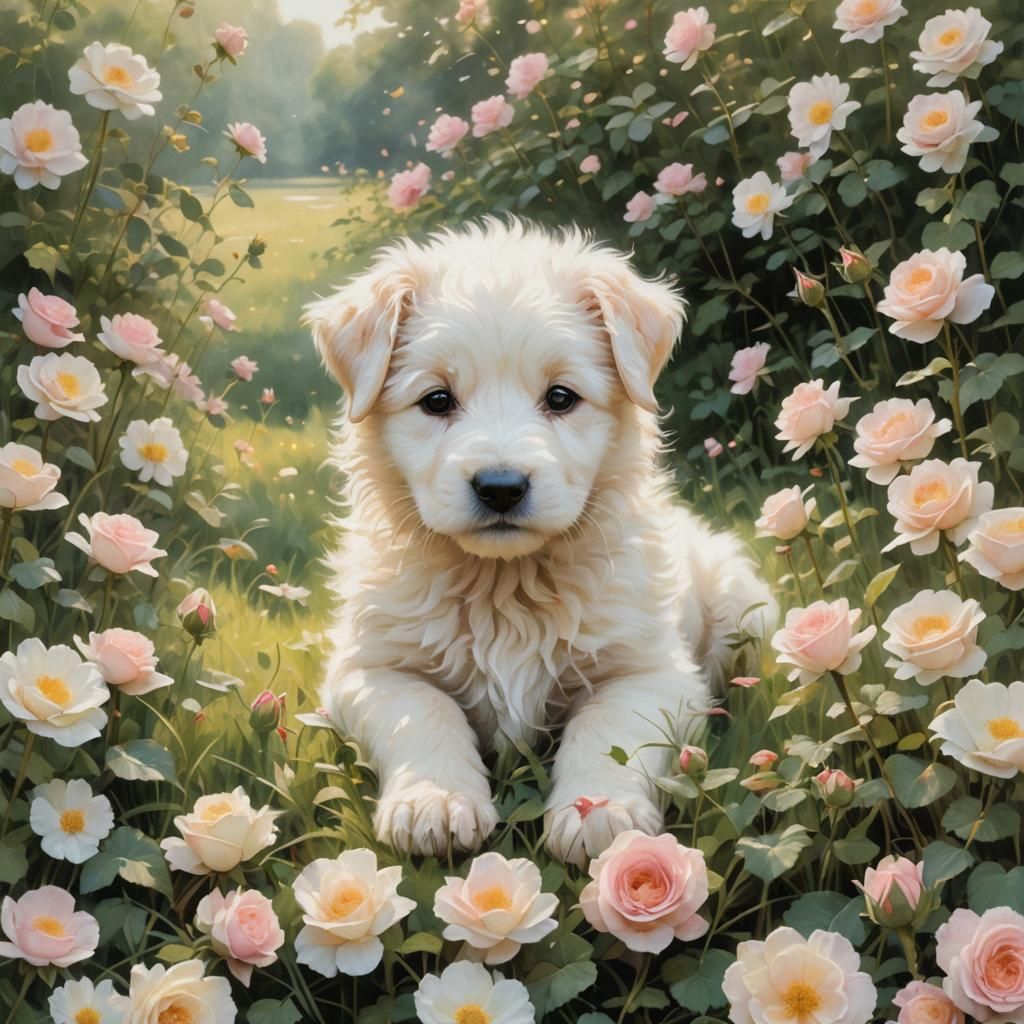 Puppy in Rose Petal Meadow, Impressionistic Style