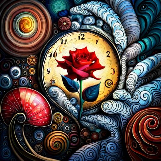 Fantasy Mixed Media Art with Rose, Eye and Clock
