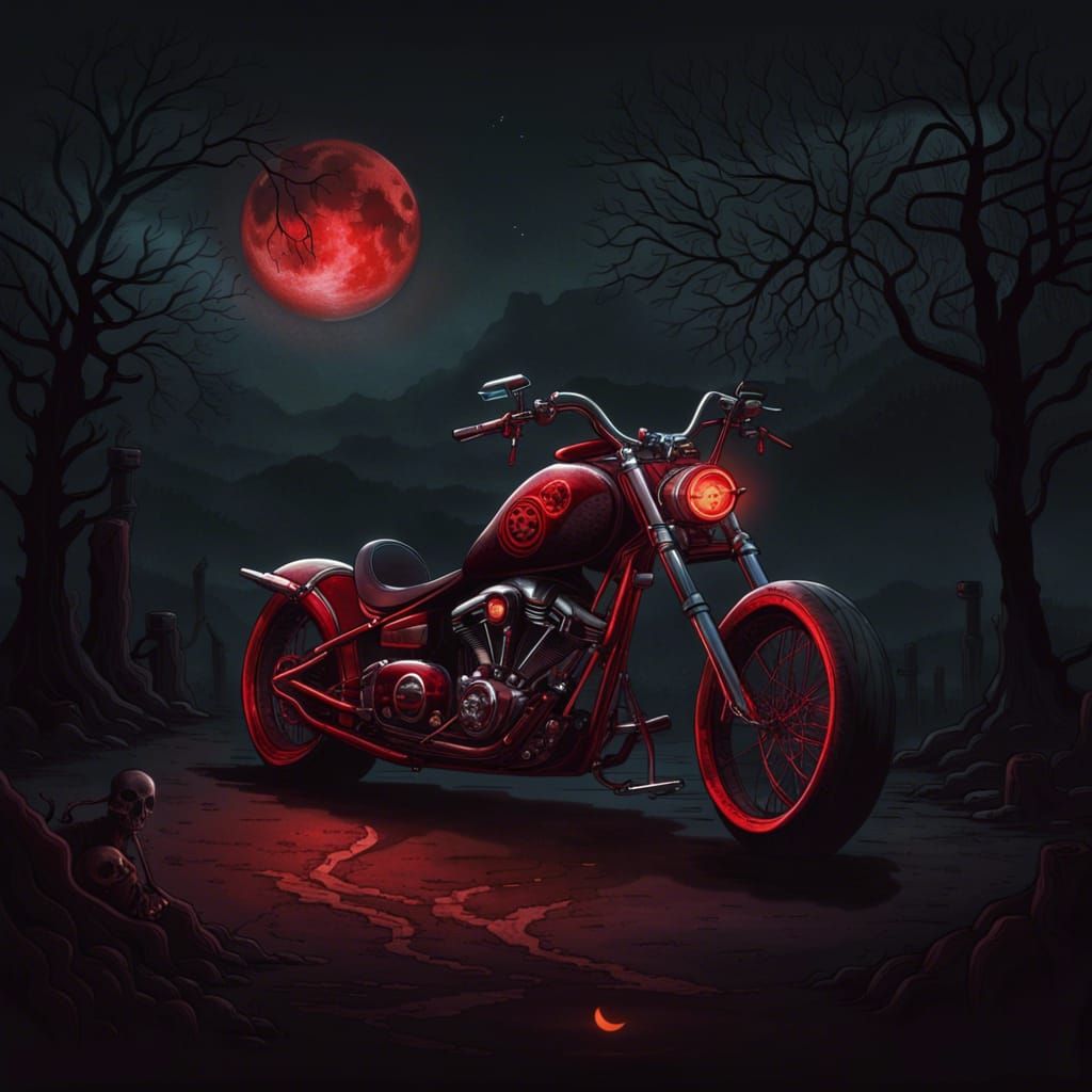 Chopper Motorcycle with Skulls Under Red Moon