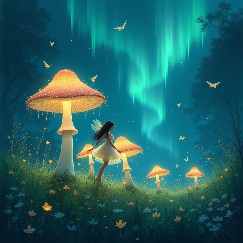Enchanted Fairy Dance Among Bio-Luminescent Mushrooms
