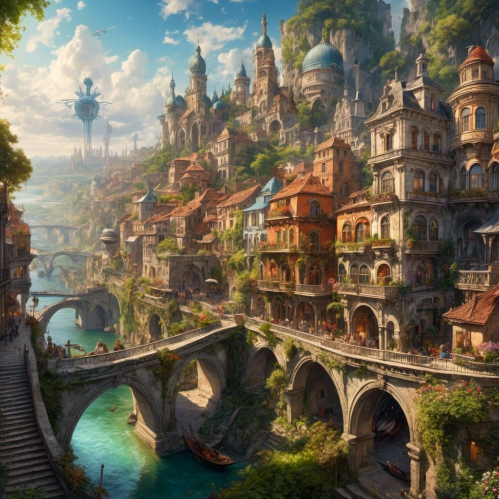 Renaissance Cityscape with Flying Vehicles and Canals