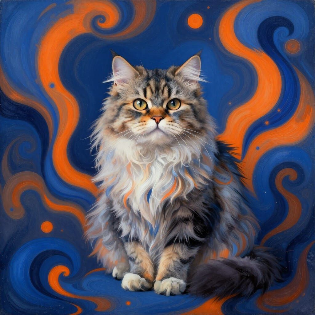 Regal Persian Cat Amidst Abstract Swirls in Surrealist Style