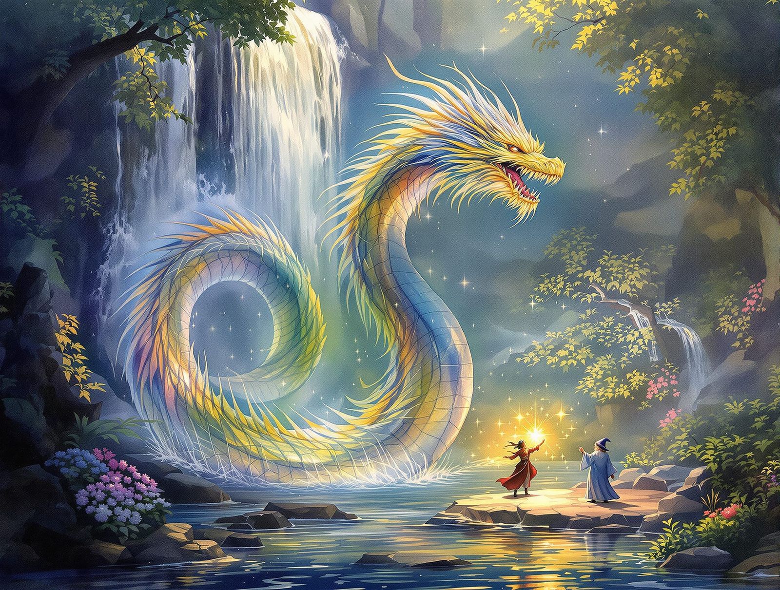 Water Dragon Emerges From Waterfall With Wizard