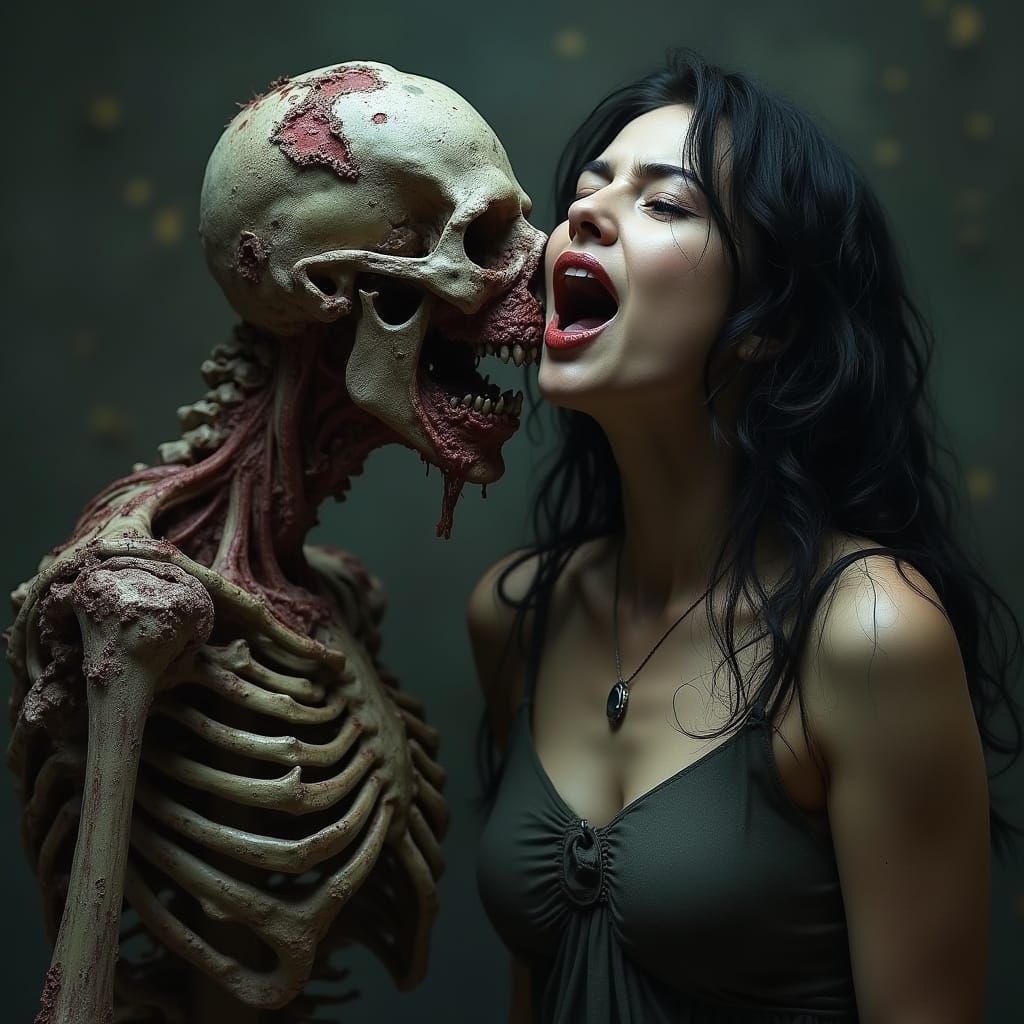 Decaying Zombie Bites Woman's Head in Horror Scene