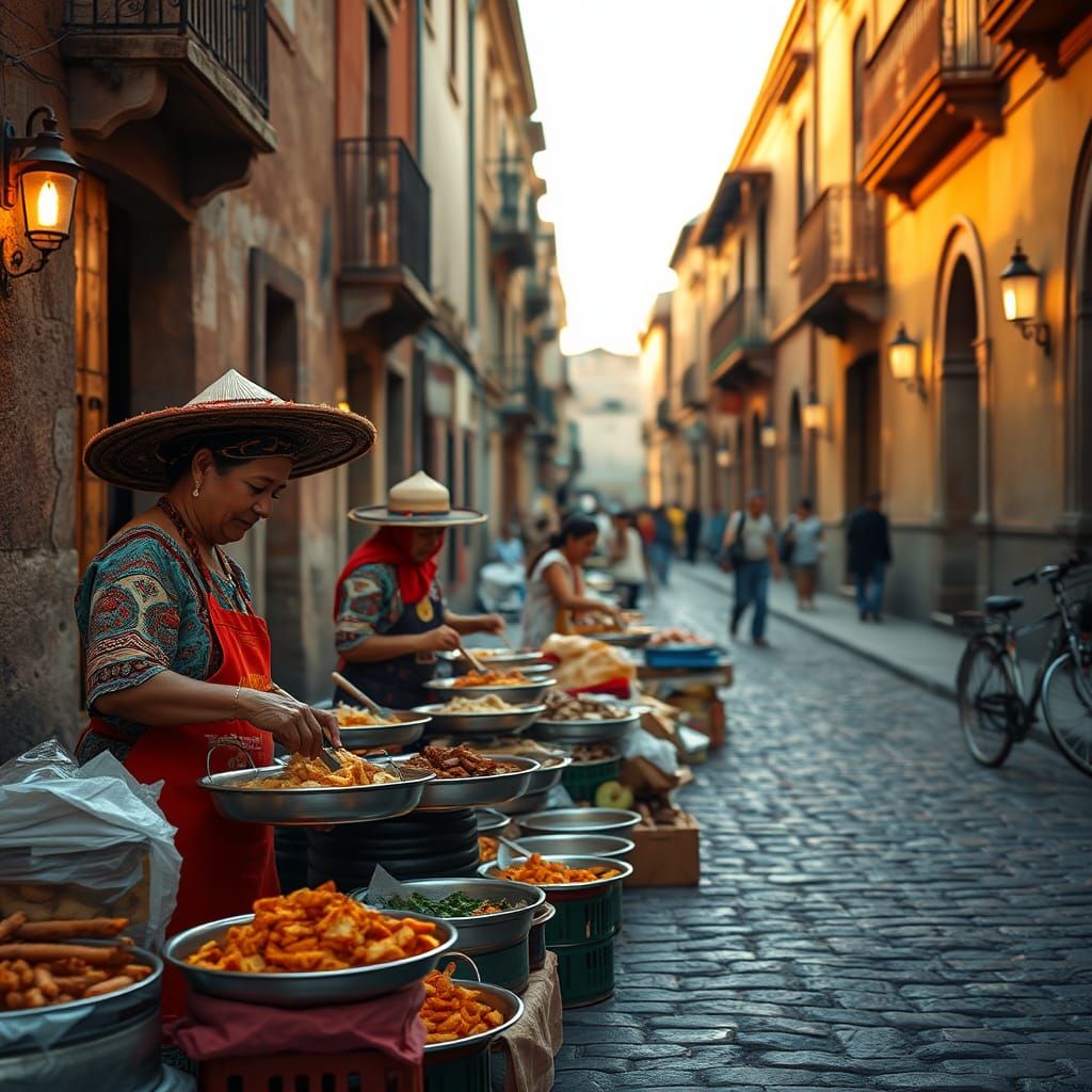 Mexican Street Food Vendors in Golden Light