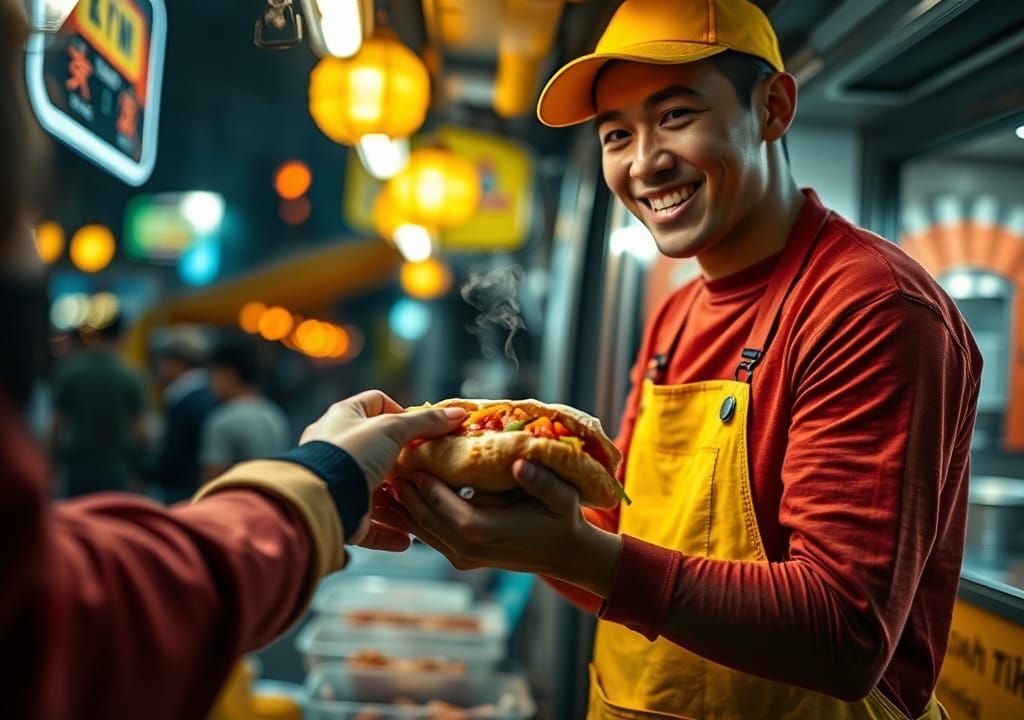 Bánh Mì Street Food Scene in High Contrast