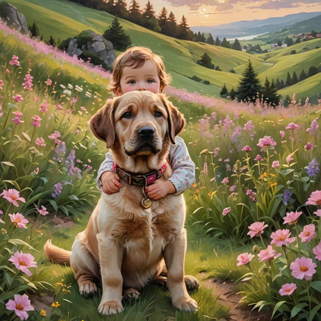 Baby and Dog on Hill in Whimsical Style