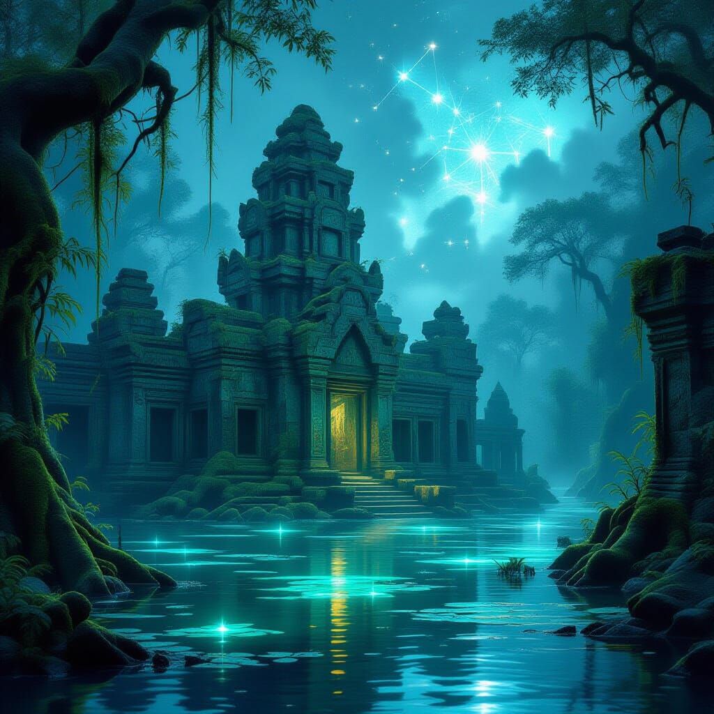 Ancient Temple in Bioluminescent Swamp