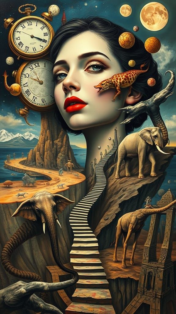 Surrealist Woman Melting Clocks Oil Painting