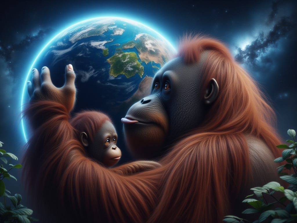 Hyperrealistic Orangutans Embrace with Earth Backdrop