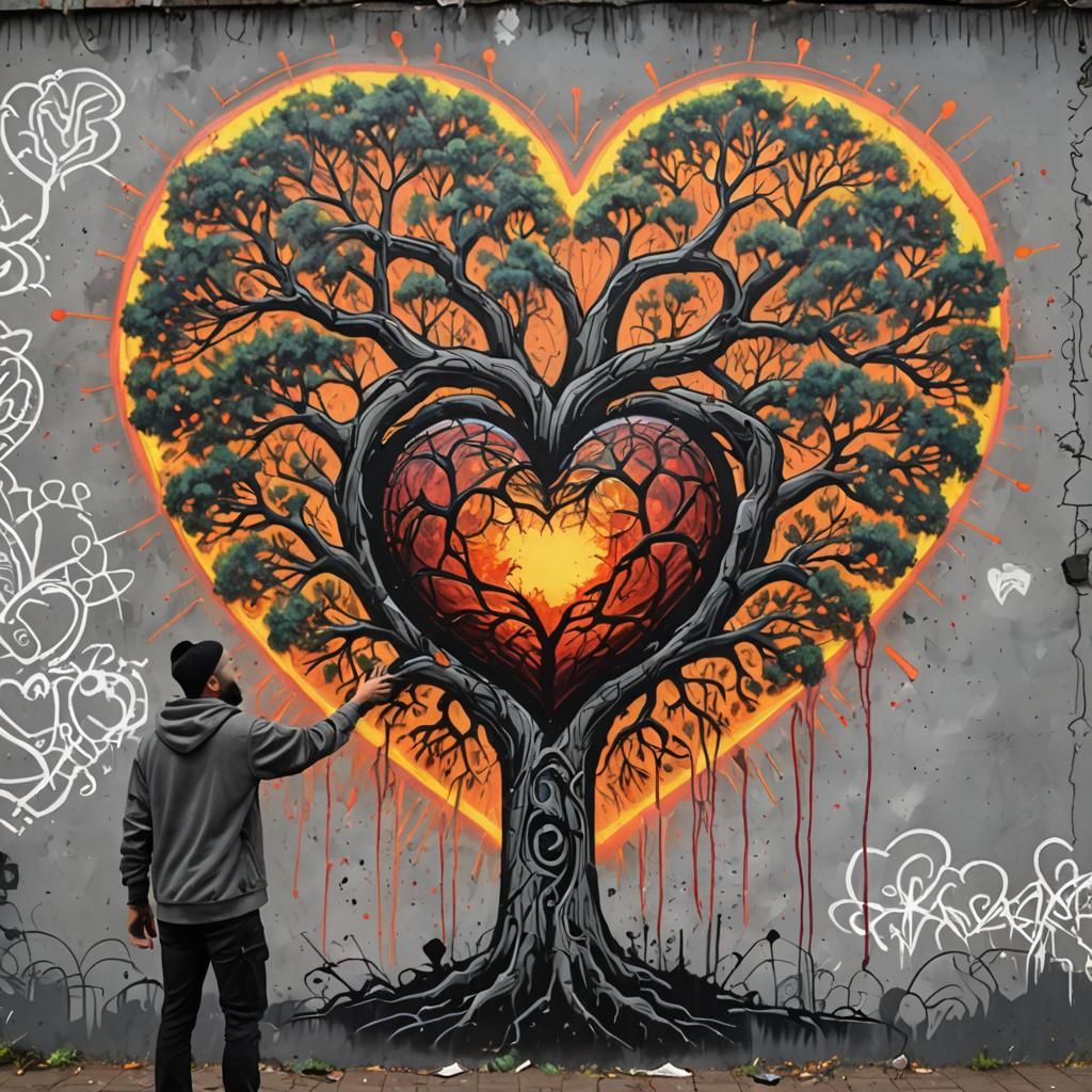 Graffiti Heart Tree in Cyberpunk Watercolour Style
