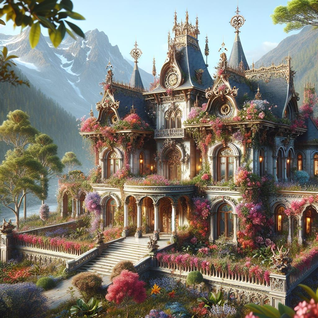 Elaborate Mansion with Floral Features in Stunning Scenery