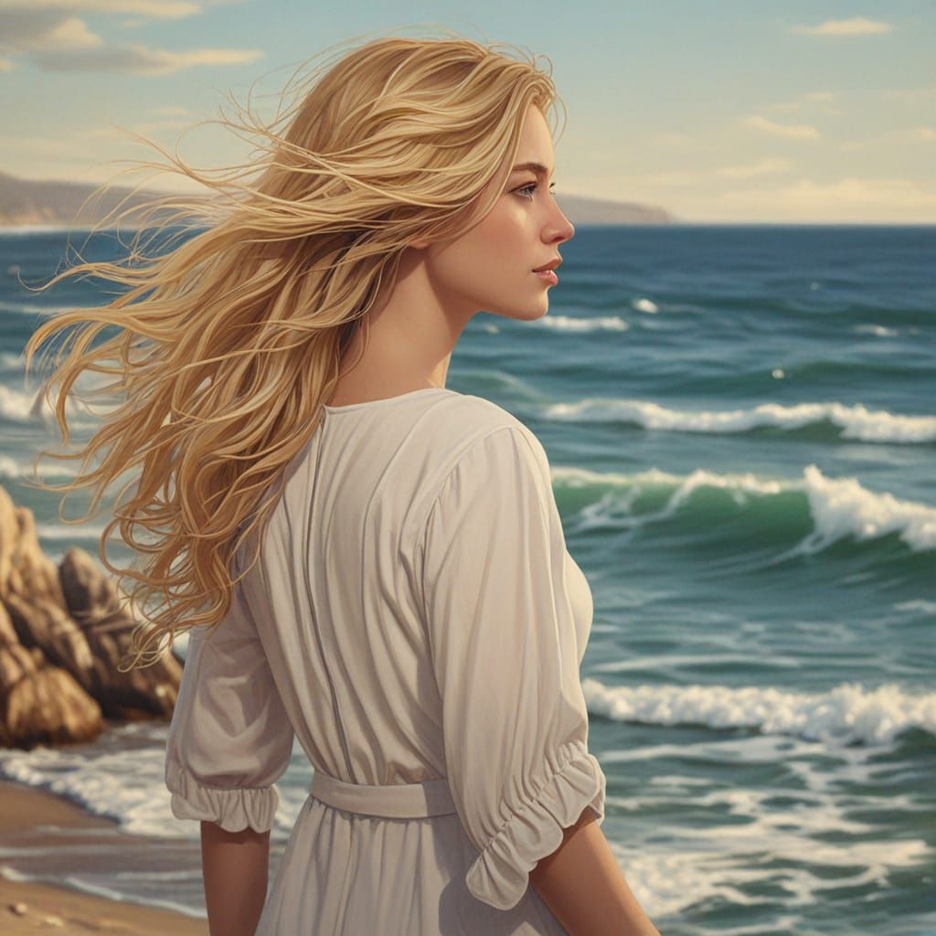 Beautiful Girl on Serene Seashore Digital Painting