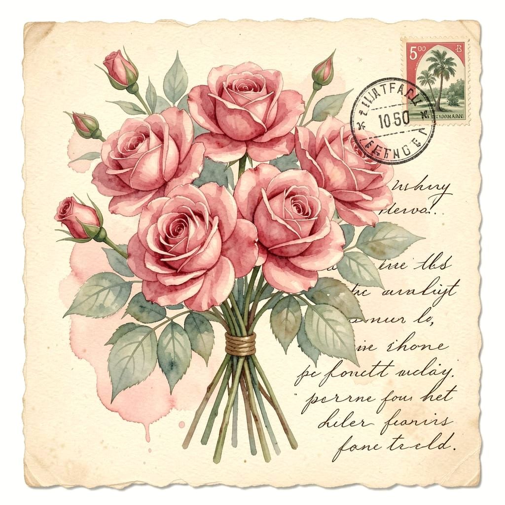 Watercolor Roses and Cursive Script on Vintage Postcard