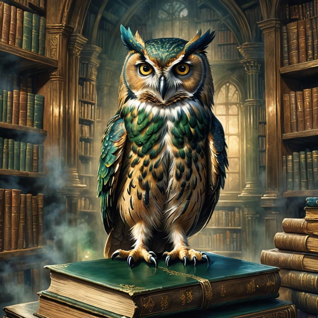 Mystical Owl on Ancient Book in Watercolor Style