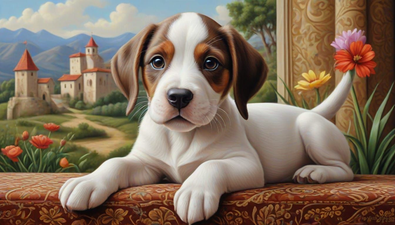 Whimsical Pointer Puppy in Intricate Acrylic Art