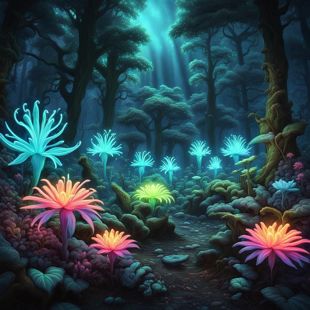 Enchanted Fluorescent Forest with Magical Glowing Flora