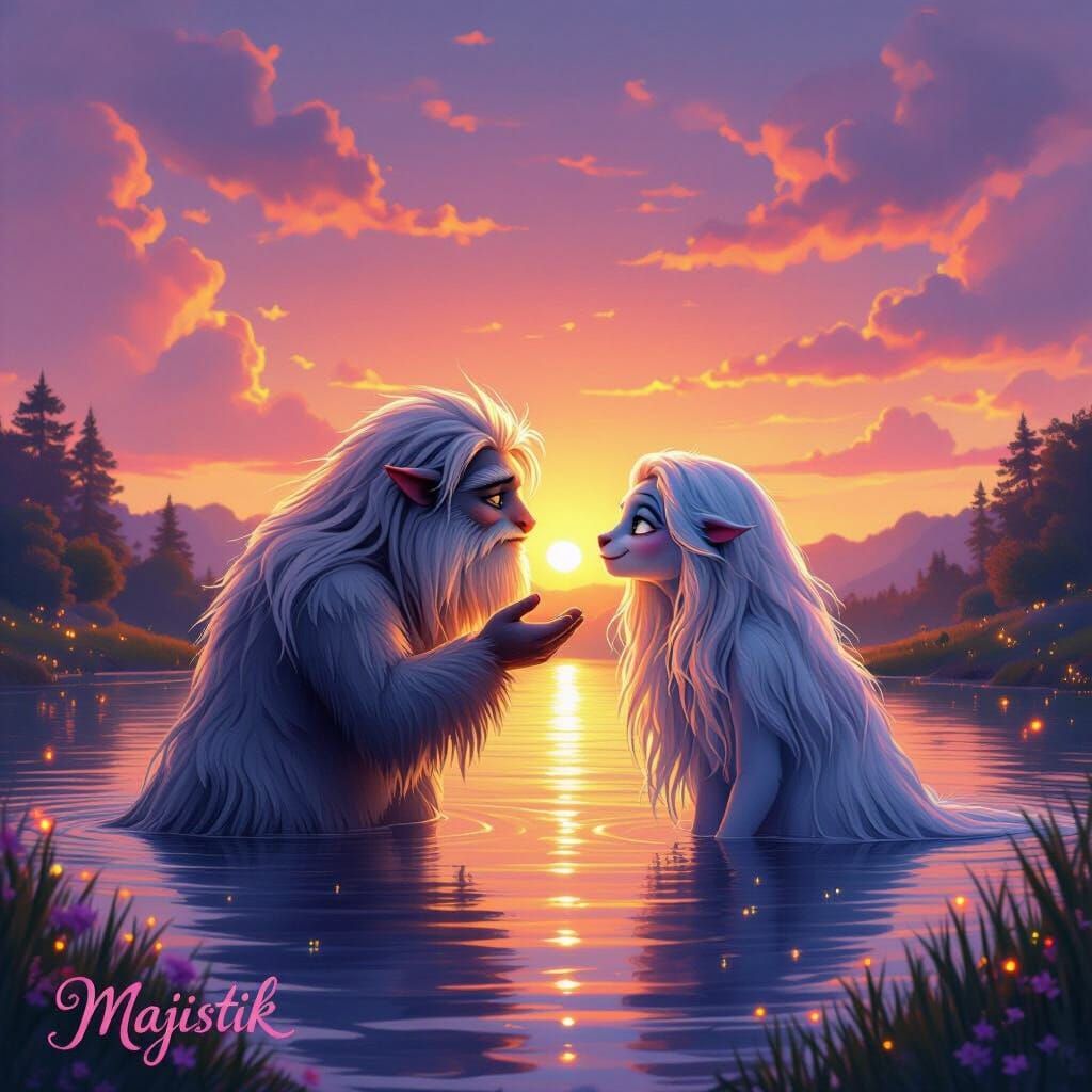 Cute Monsters Share Kiss Across Enchanted Lake at Sunset