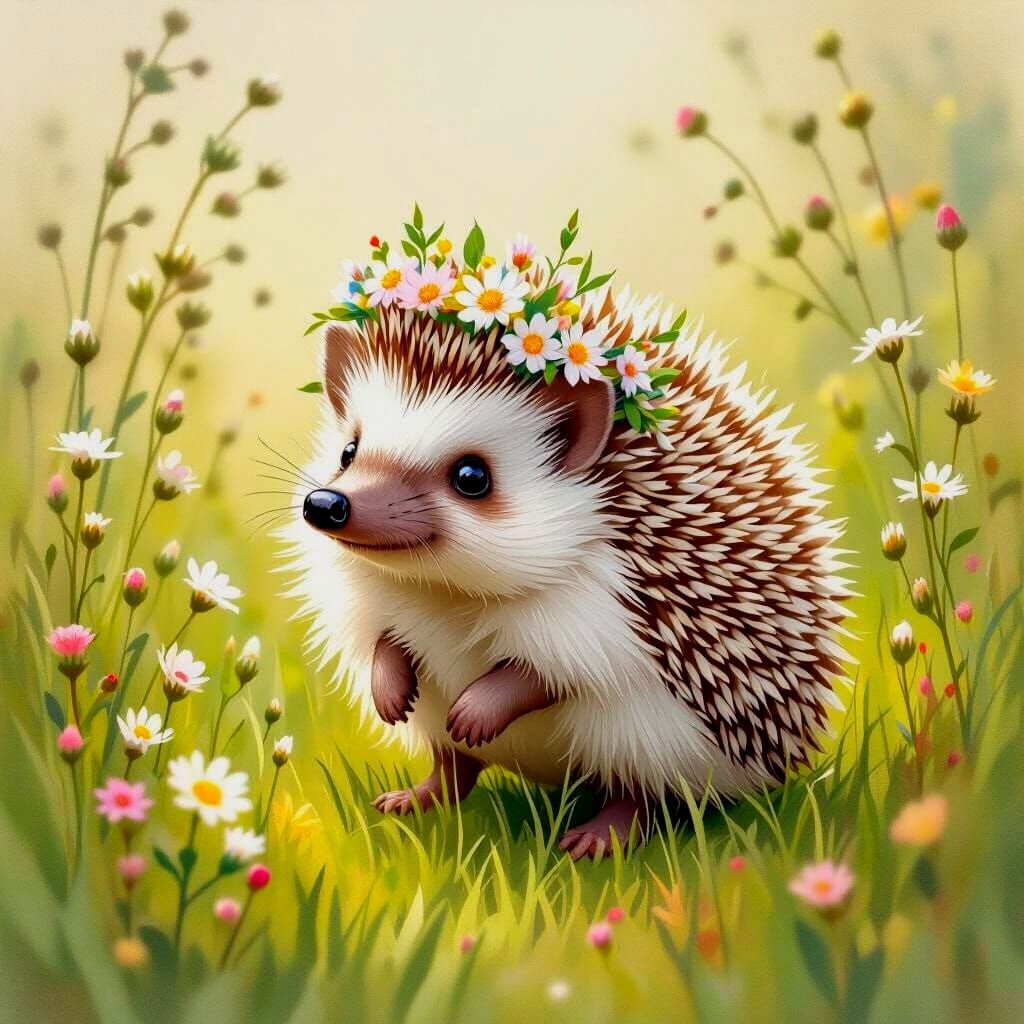 Flower Crowned Hedgehog in Beatrix Potter Style