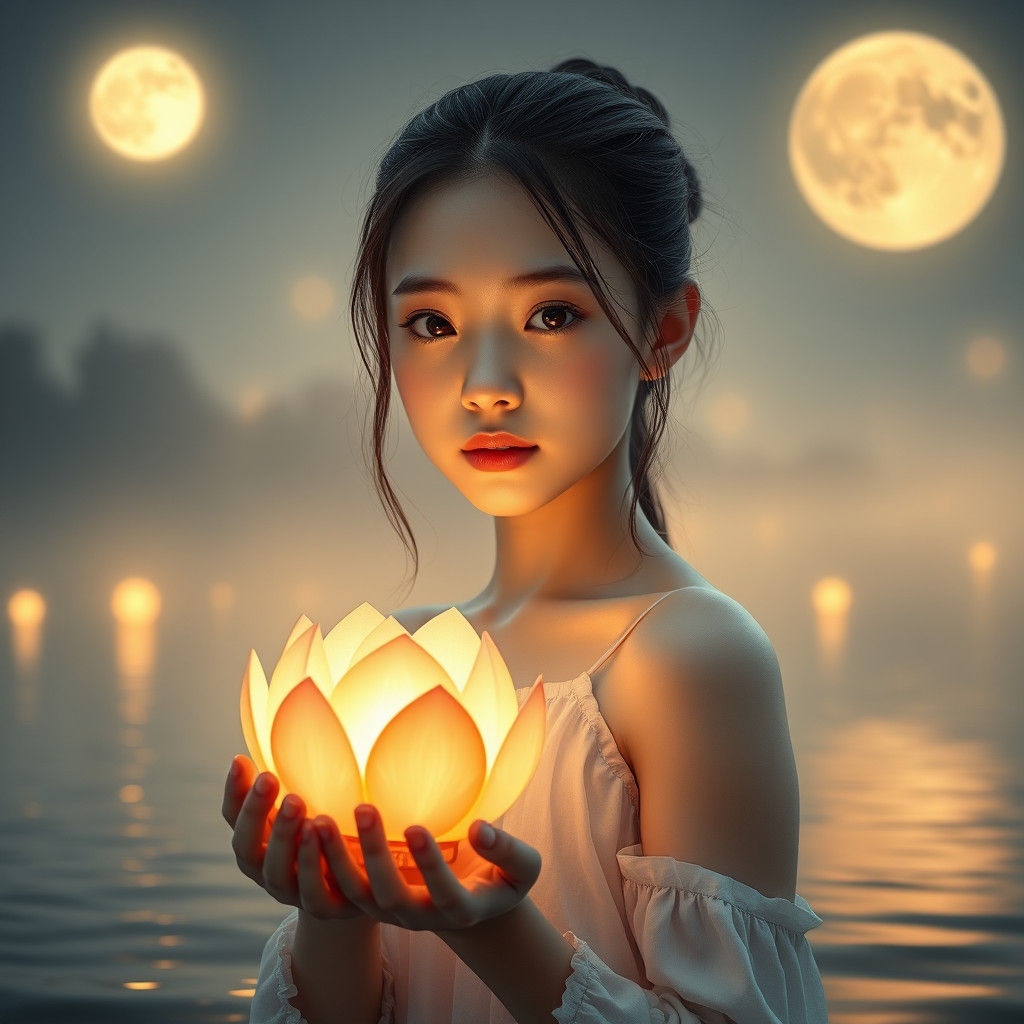 Girl Floats Lotus Lantern on Moonlit River in 8K