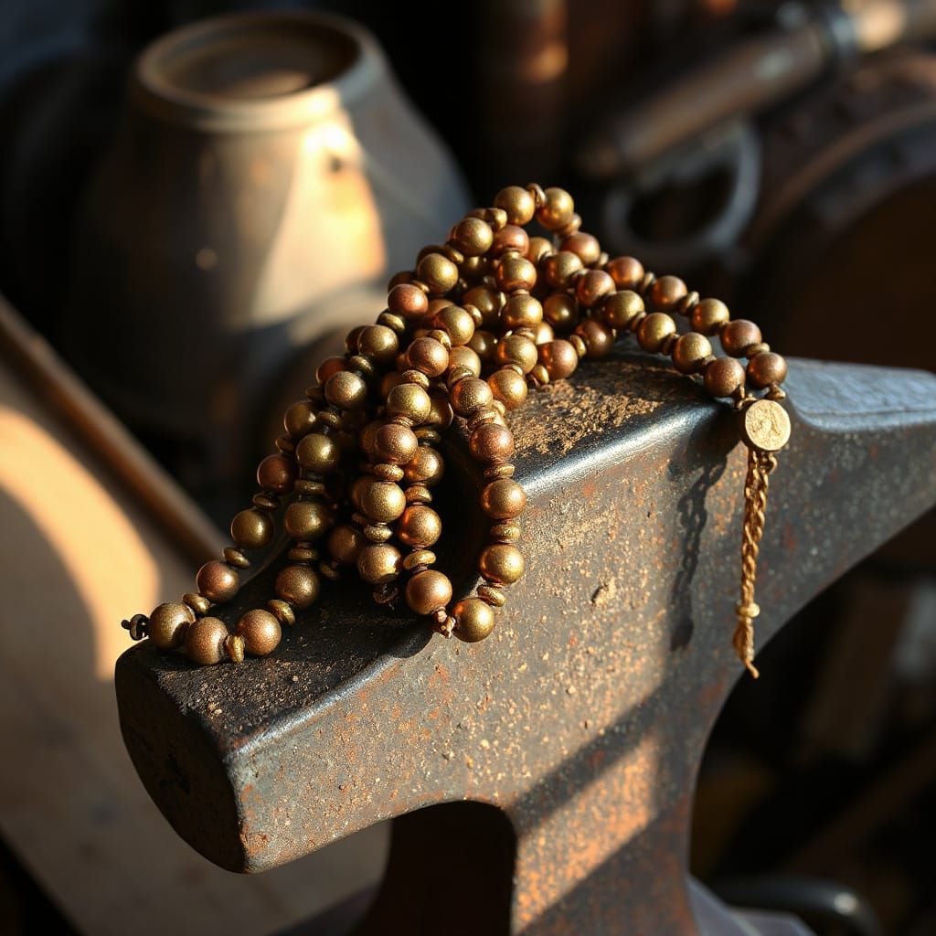 Copper and Brass Beads on Vintage Anvil