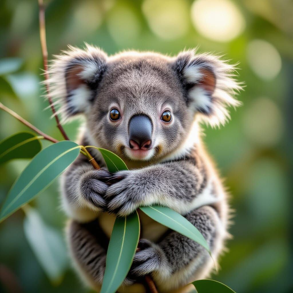 Adorable Baby Koala on Eucalyptus Branch