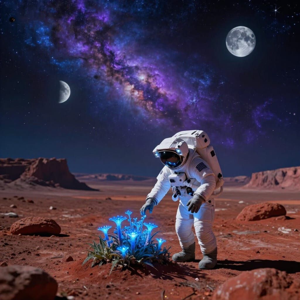 Astronaut Tends Alien Garden Under Twin Moons