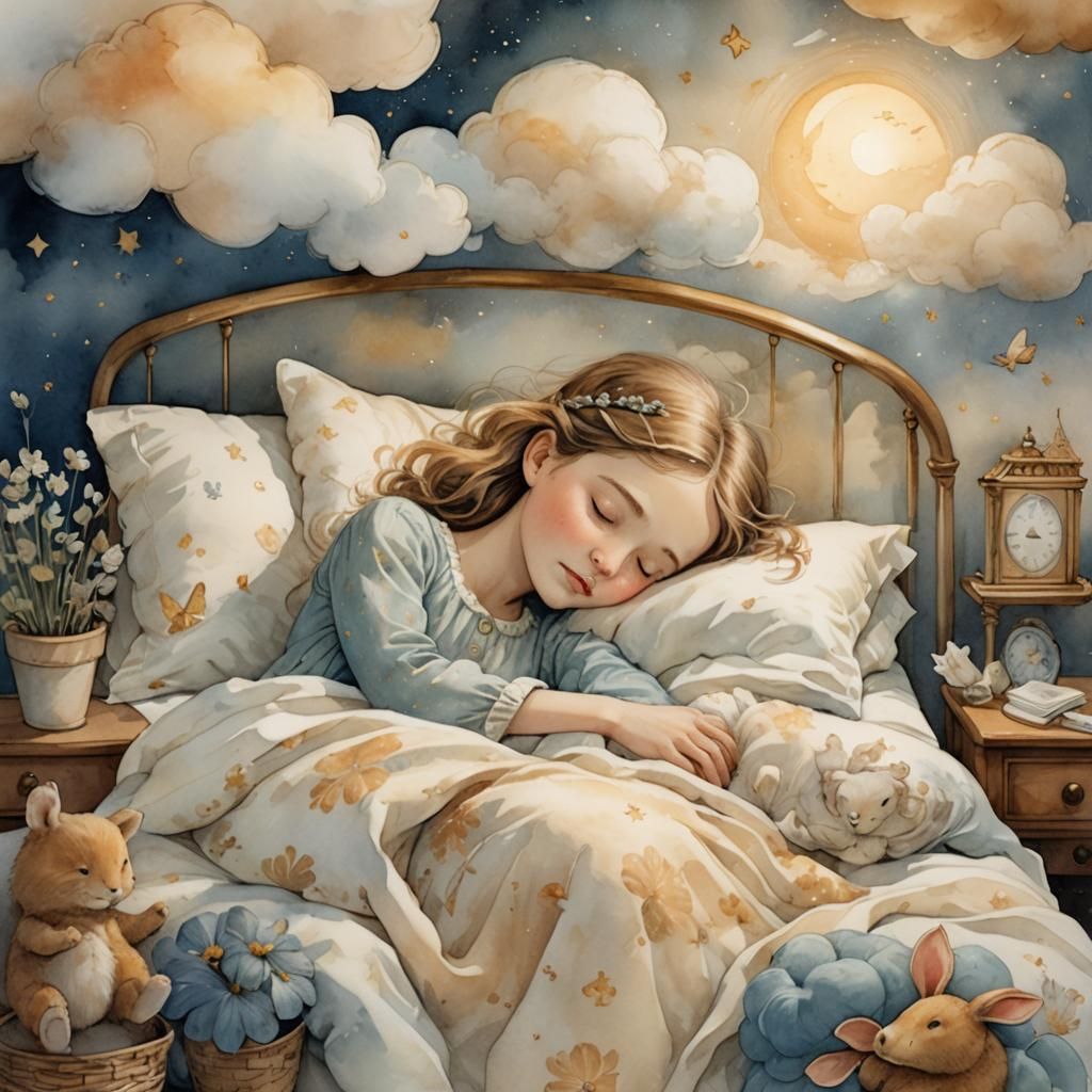Dreamlike Sleeping Girl in Watercolor Fantasy